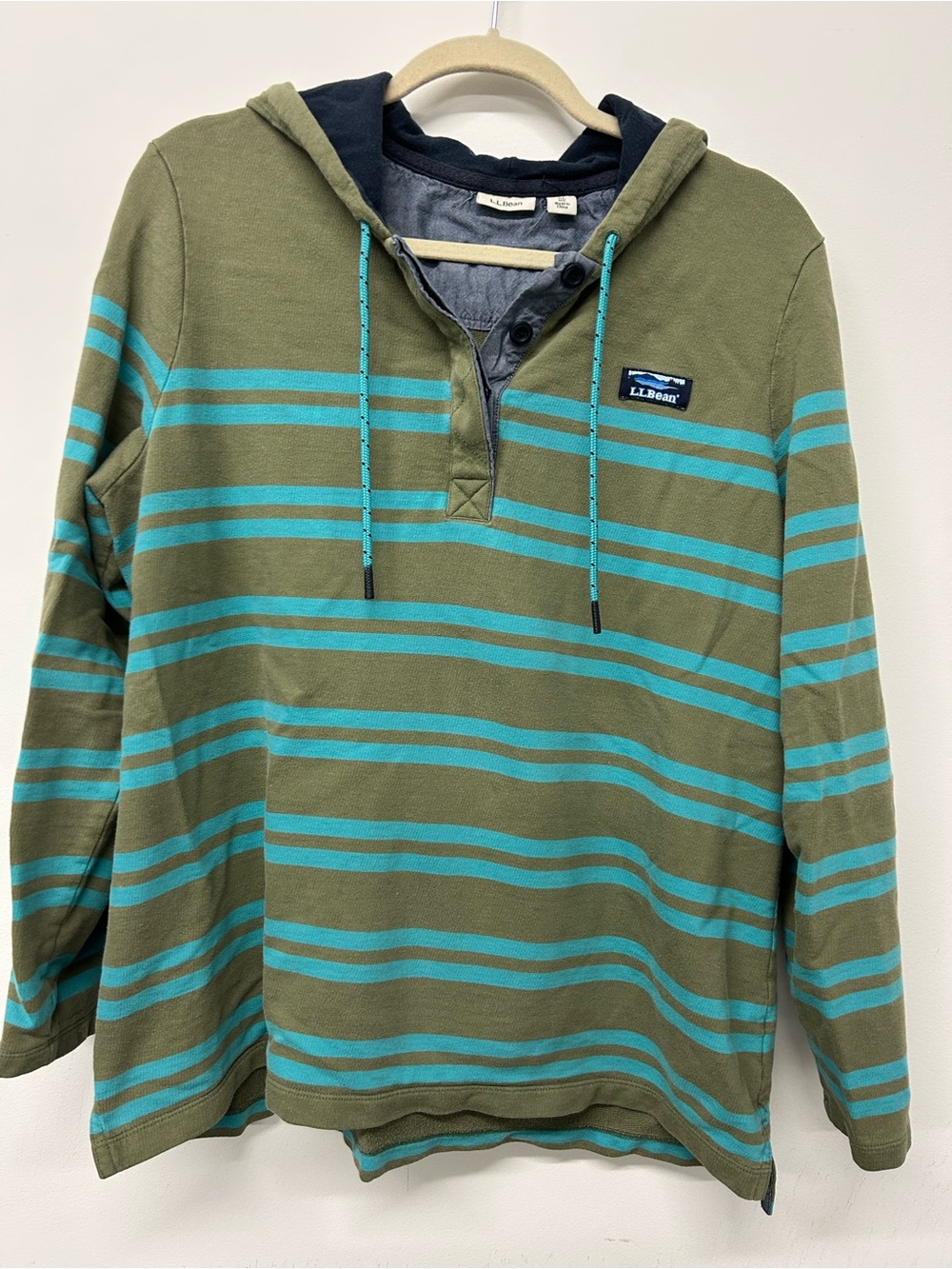 L.L. Bean Olive Green Hooded Henley with Teal Stripes